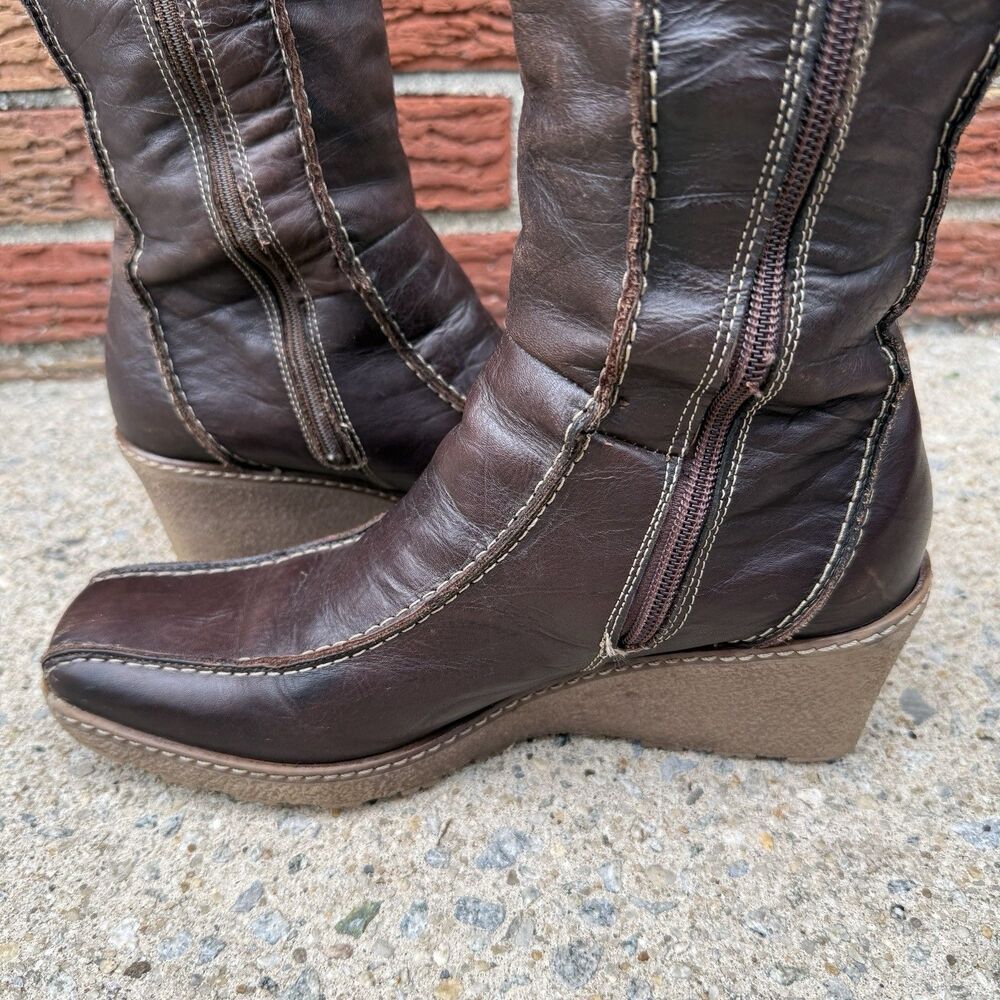 Vintage Brown Leather Wedge Boots Womens IT 39 US 8.5 Knee High Square Toe Y2K - Picture 8 of 15